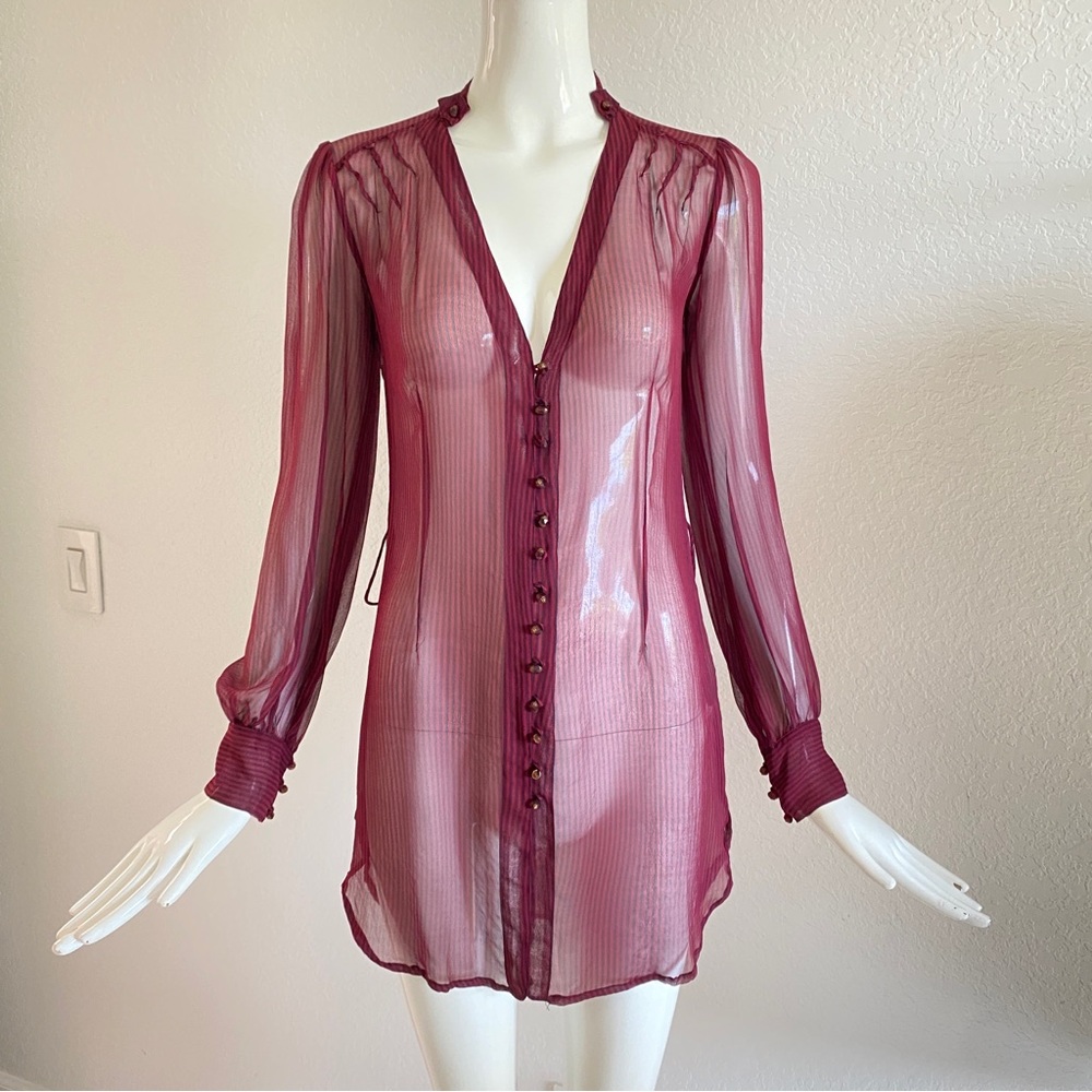 Elegant Sheer Burgundy Button-Down striped Blouse